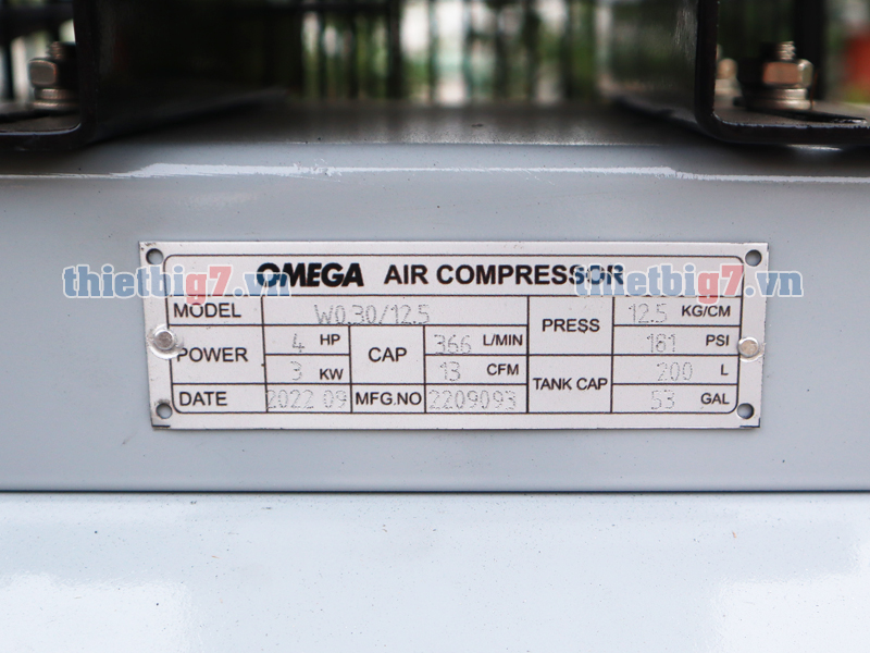Thông số máy nén khí OMEGA 200 lít 4HP